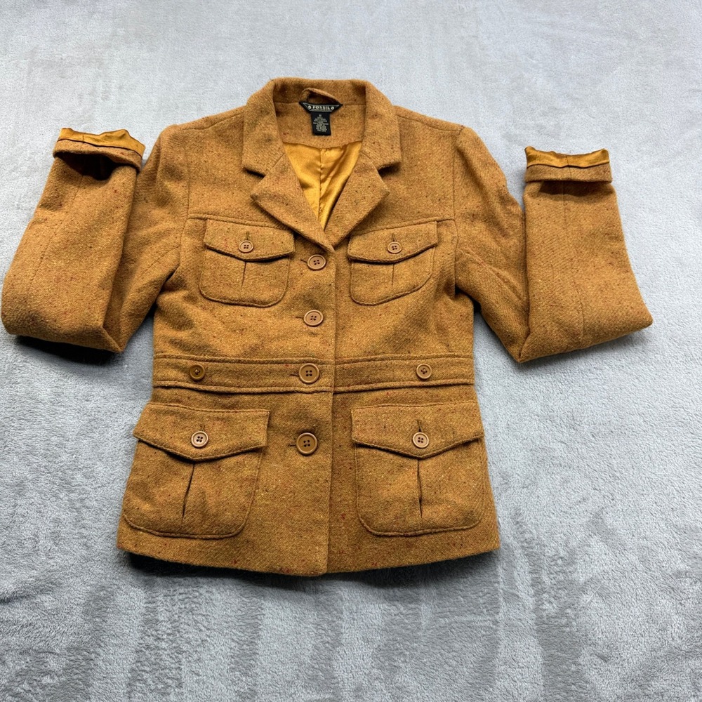 Fossil Wool Blend Jacket Women M Mustard Yellow Tweed Utility Vintage Fall Style
